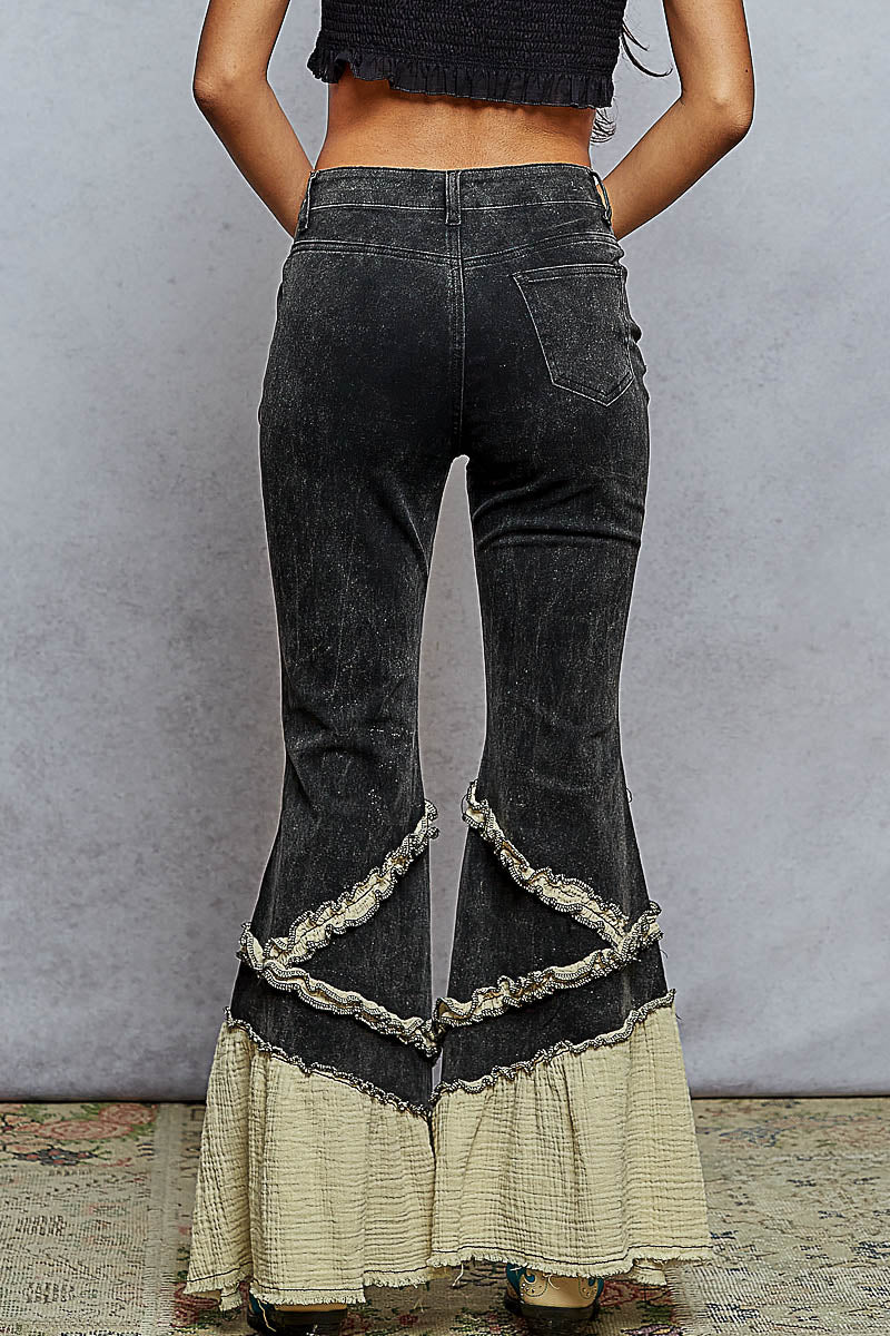 Flared Black Denim with Ruffle