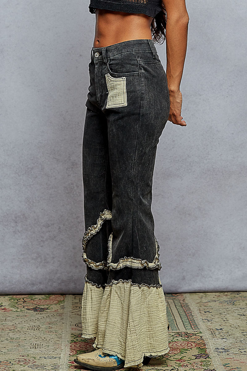 Flared Black Denim with Ruffle