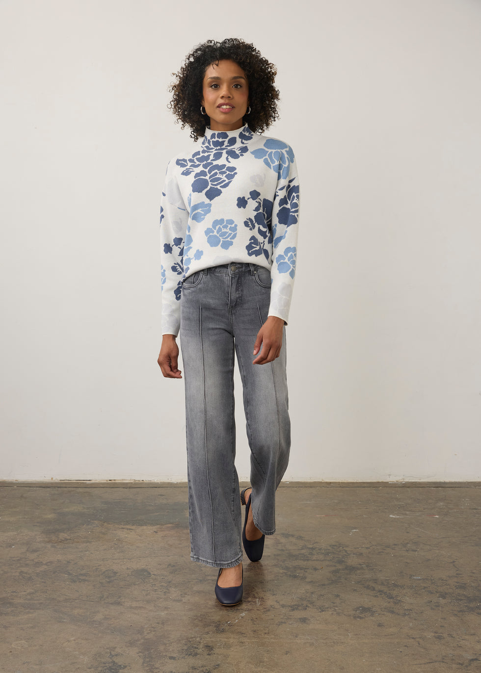 Mock Neck Loose Fit Sweater, Indigo Floral