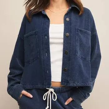 All Day Cropped Knit Denim Jacket - INDIGO