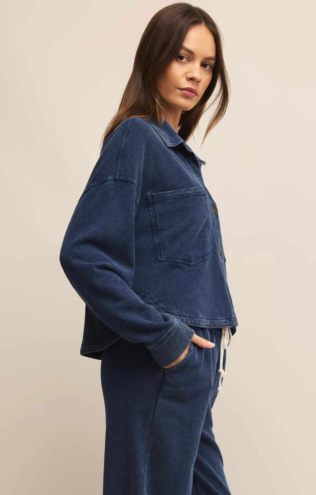 All Day Cropped Knit Denim Jacket - INDIGO