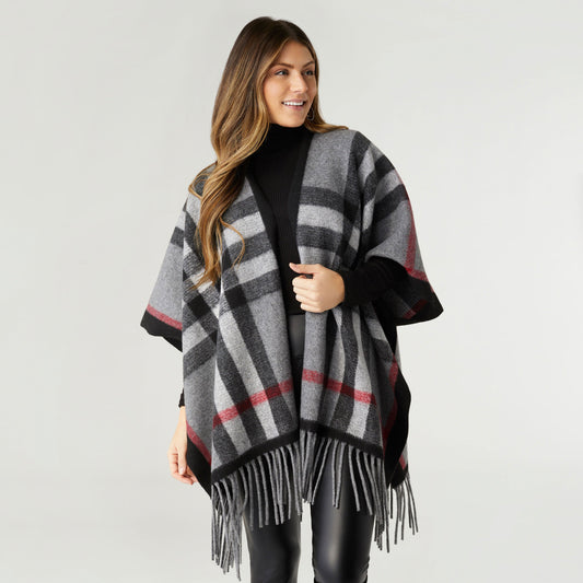 Jora Plaid Wrap with Fringe Black