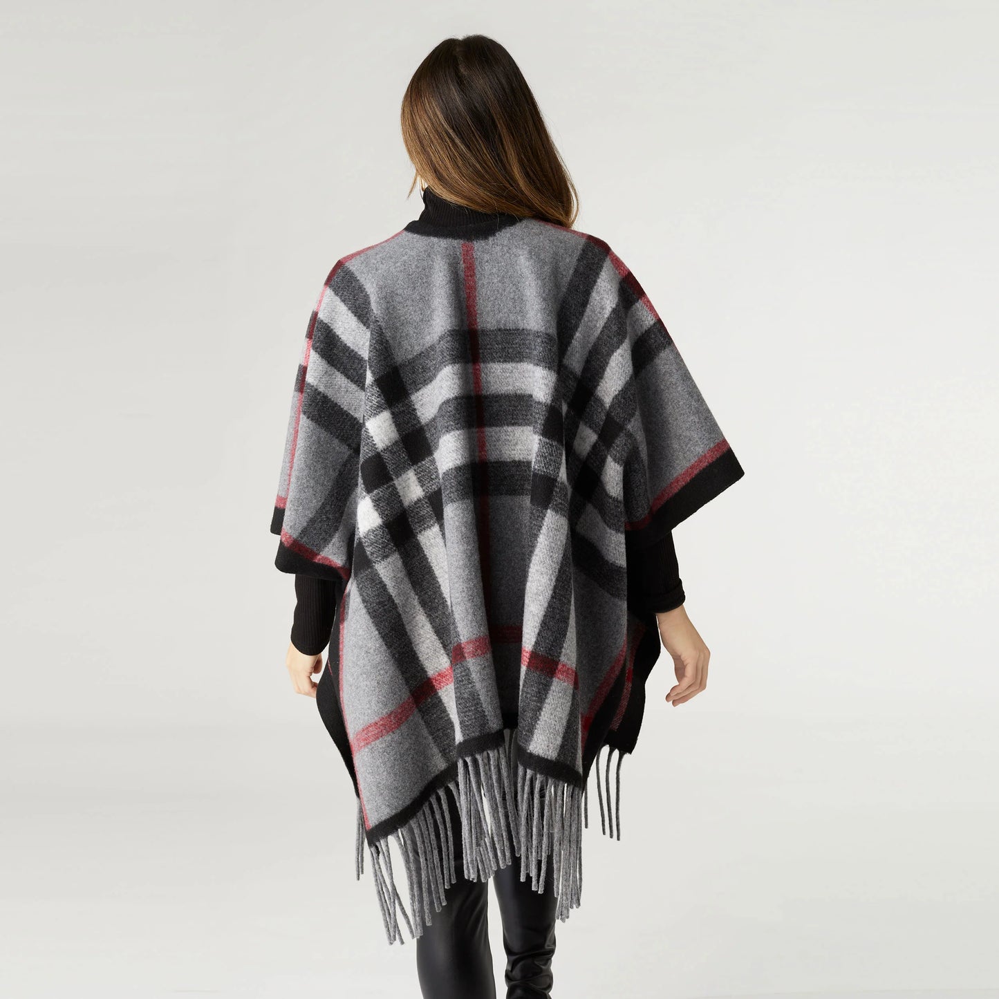 Jora Plaid Wrap with Fringe Black