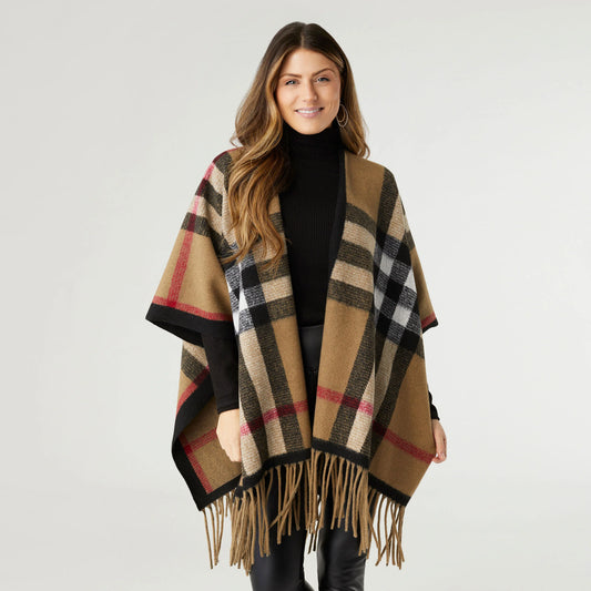 Jora Plaid Wrap with Fringe Taupe