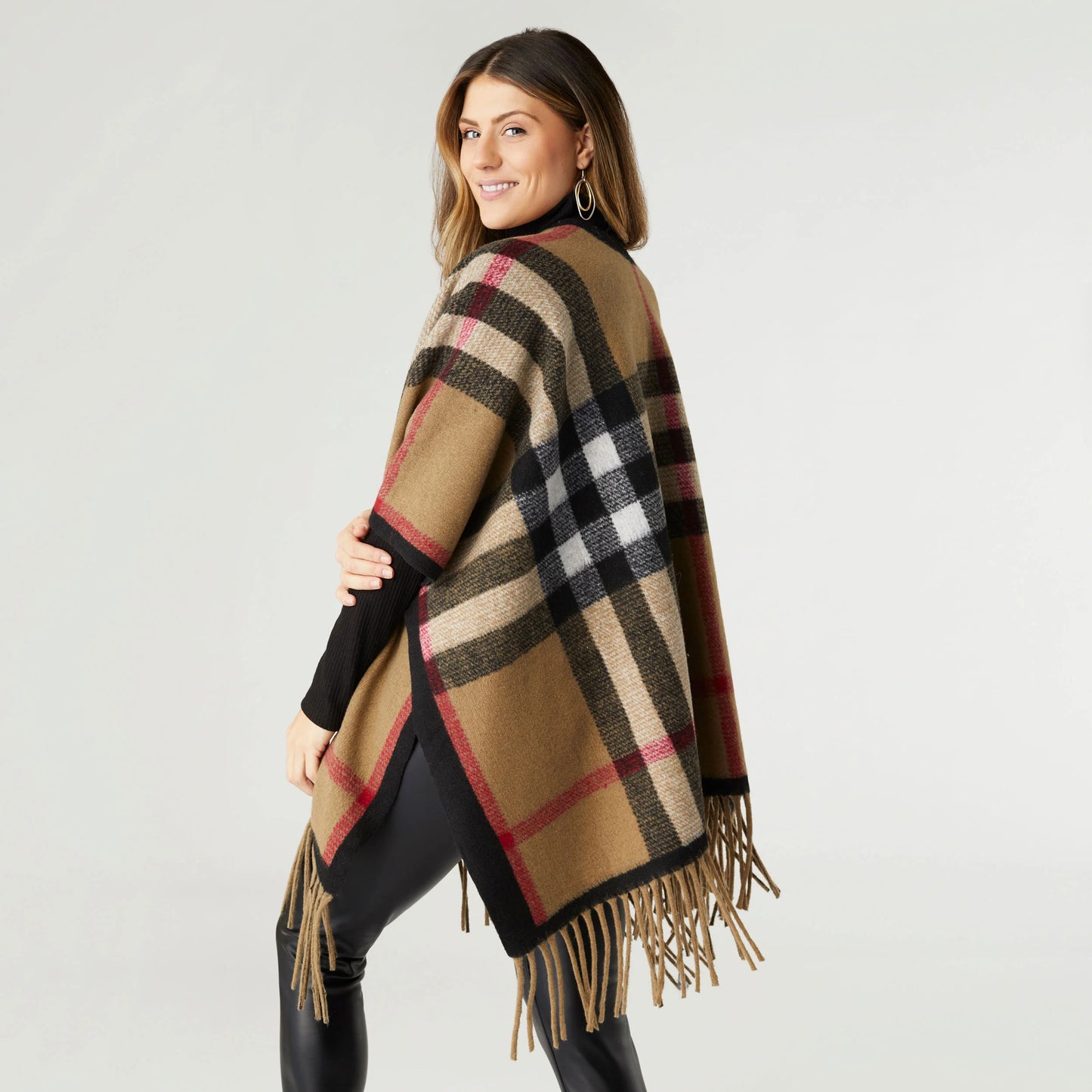 Jora Plaid Wrap with Fringe Taupe