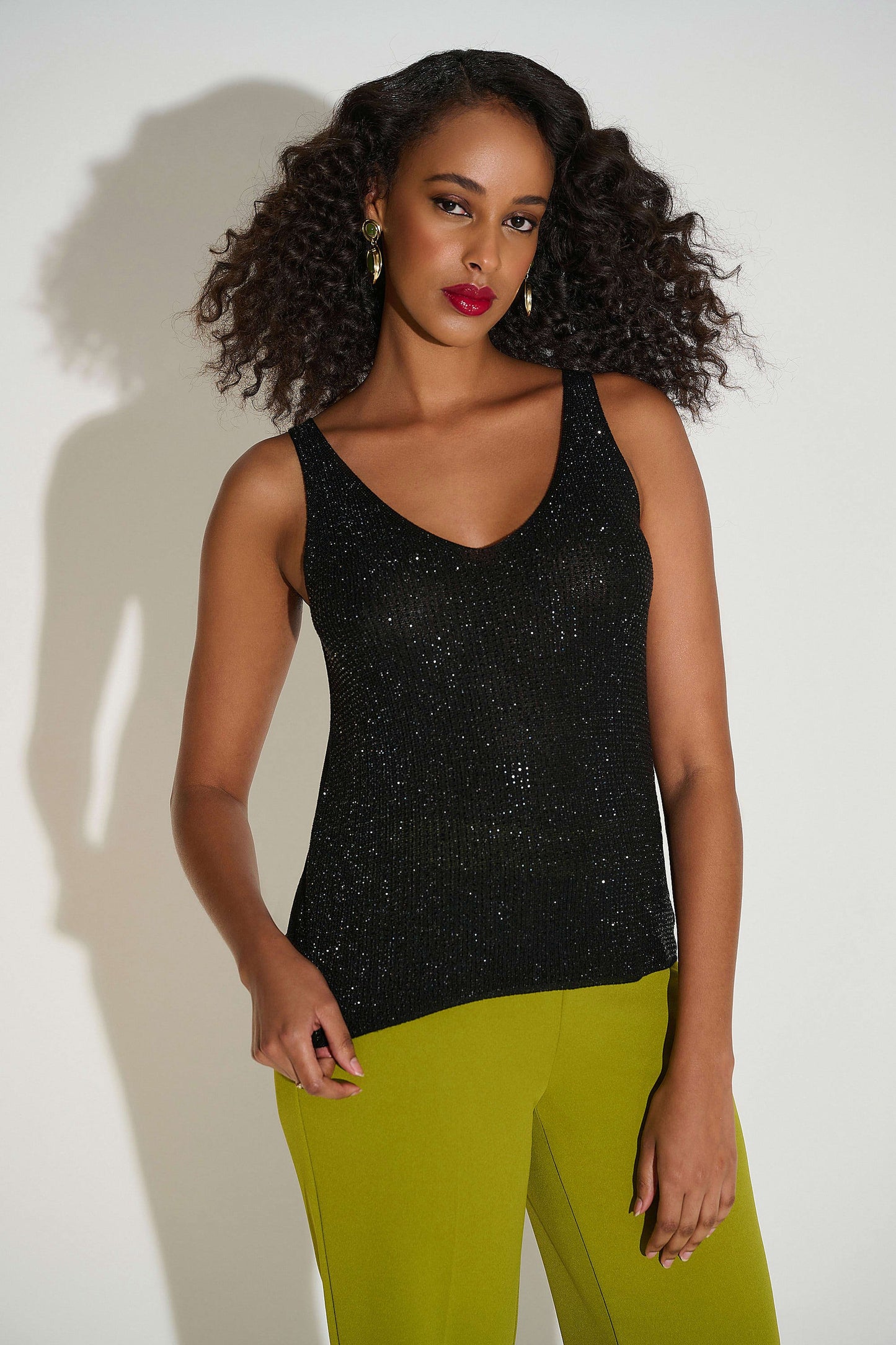 Metallic Knitted Camisole with Rhinestones - Black