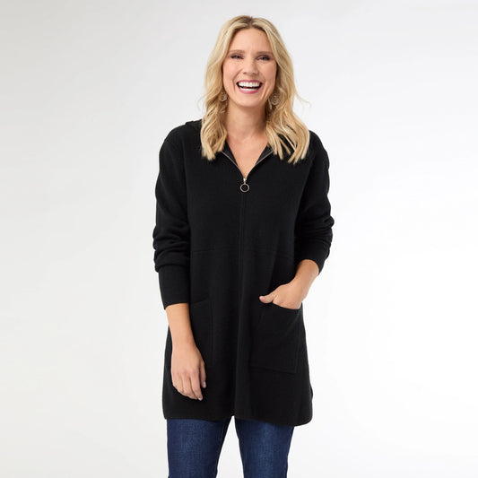 Heavenly-Luxe Zip Front Hooded Cardigan with Pockets Black