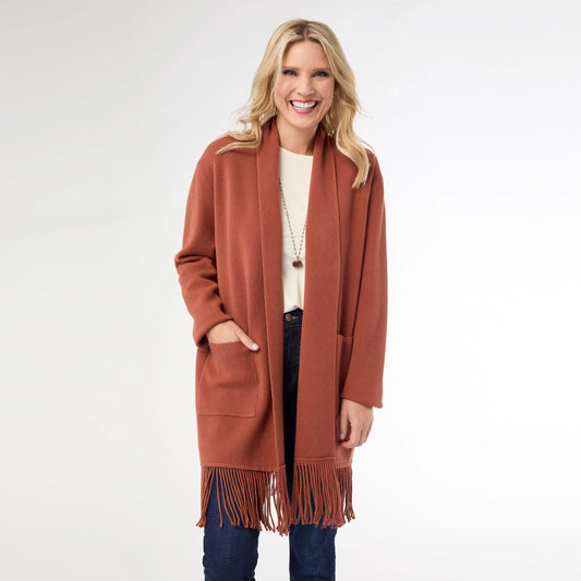 Heavenly-Luxe Mid Length Cardigan with Fringe Nutmeg