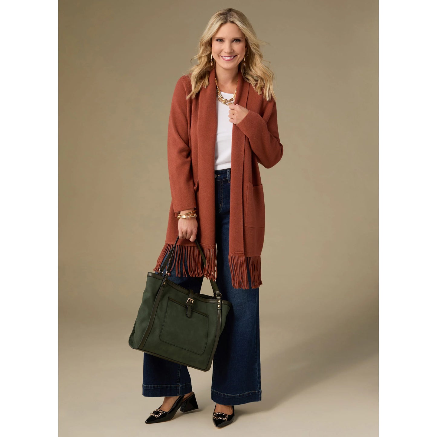 Heavenly-Luxe Mid Length Cardigan with Fringe Nutmeg