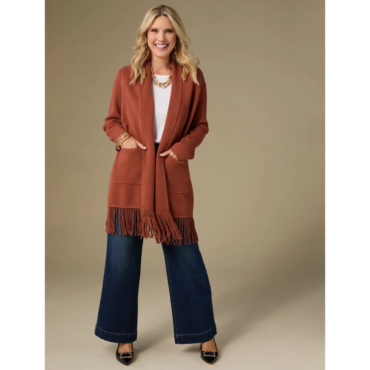 Heavenly-Luxe Mid Length Cardigan with Fringe Nutmeg