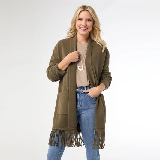 Heavenly-Luxe Mid Length Cardigan with Fringe Olive