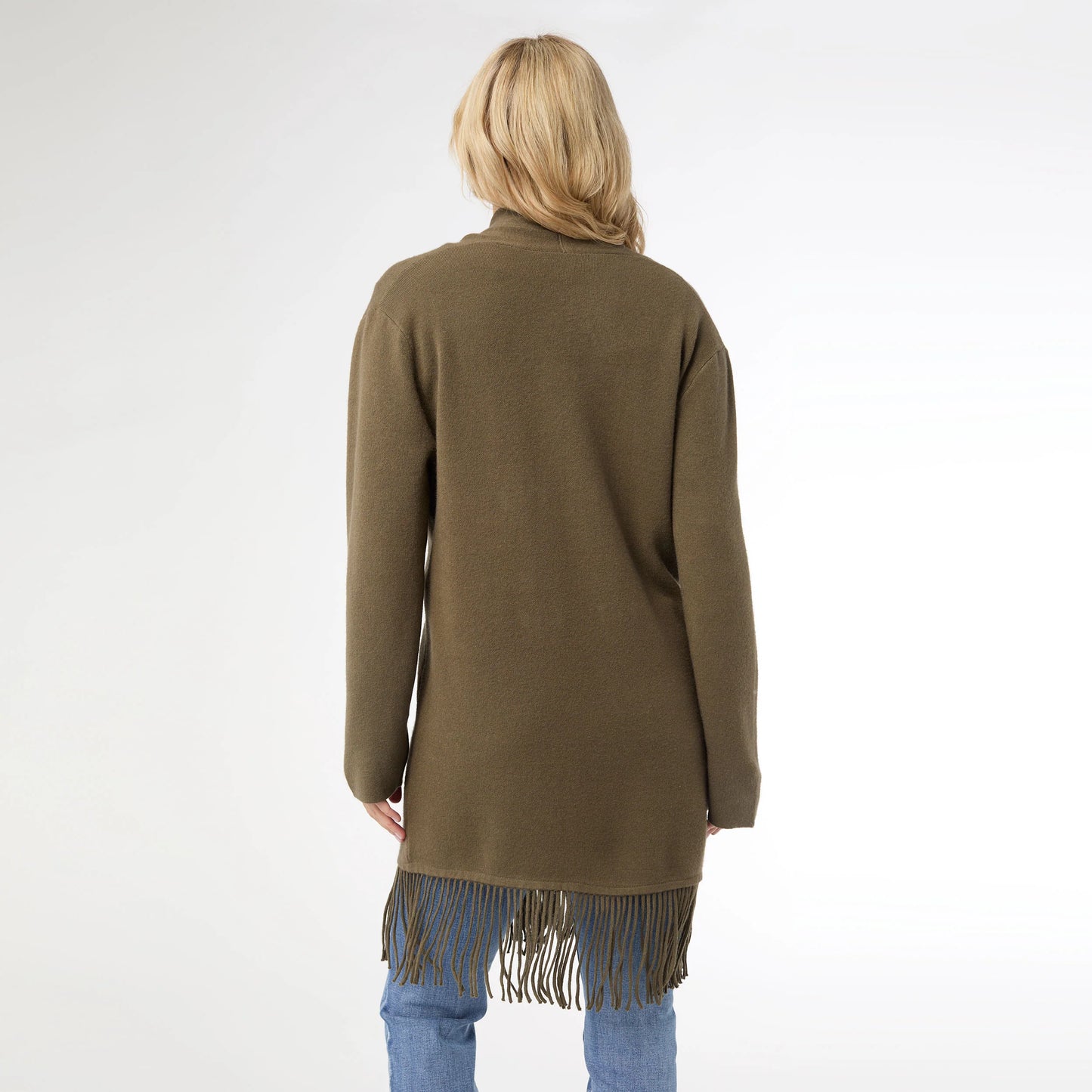 Heavenly-Luxe Mid Length Cardigan with Fringe Olive