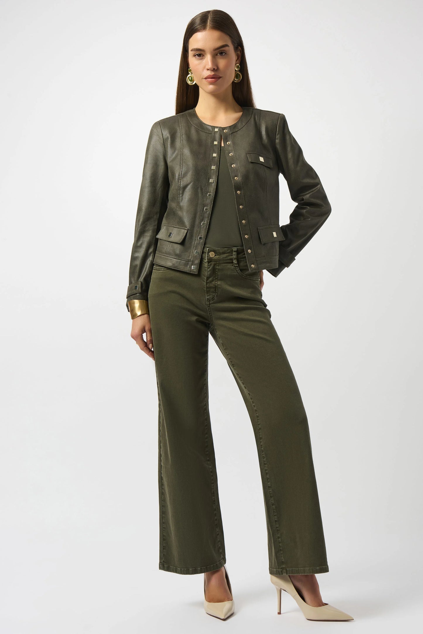 Foiled Faux Suede Fitted Jacket - Avocado