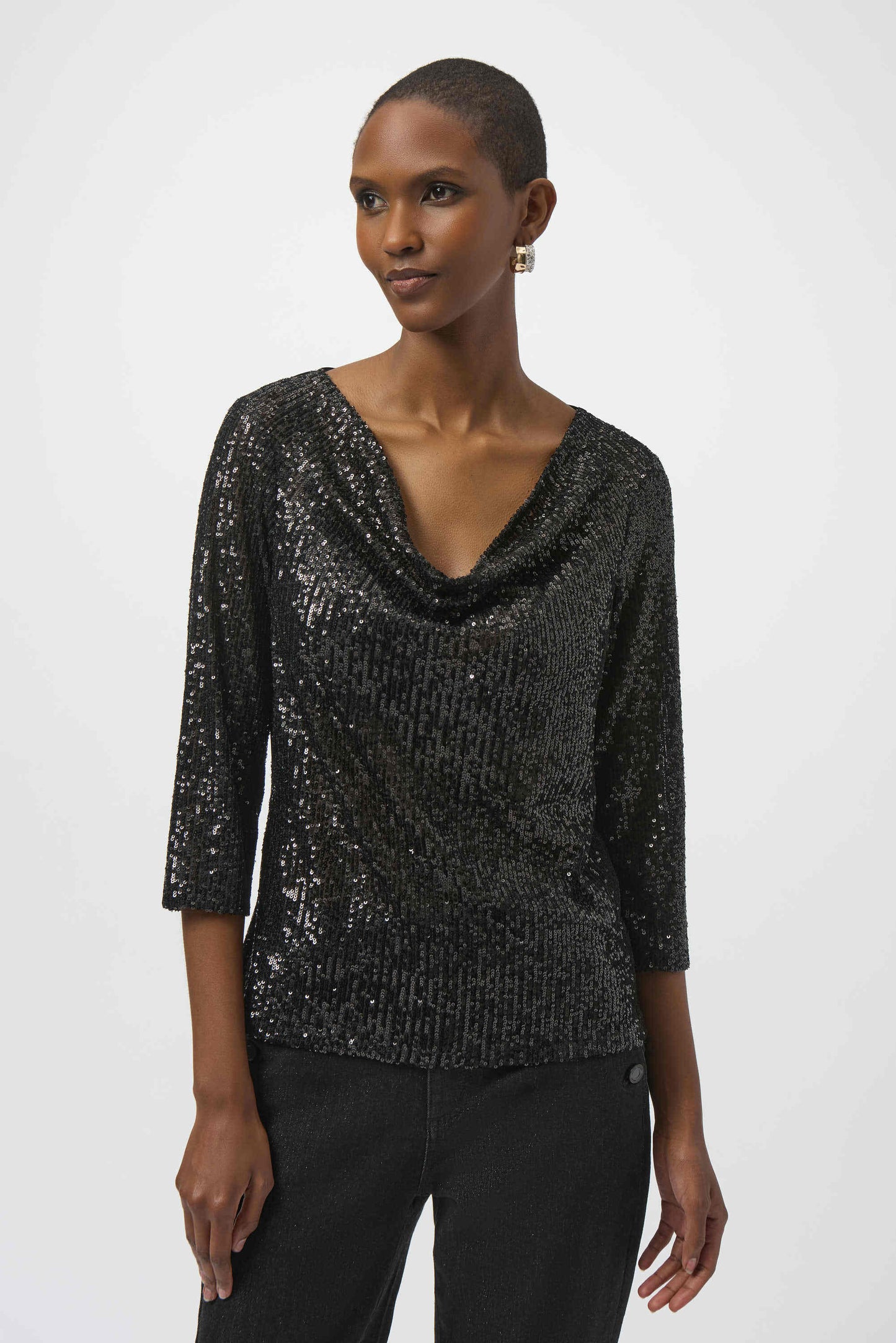 Sequined Knit and Silky Knit Straight Top