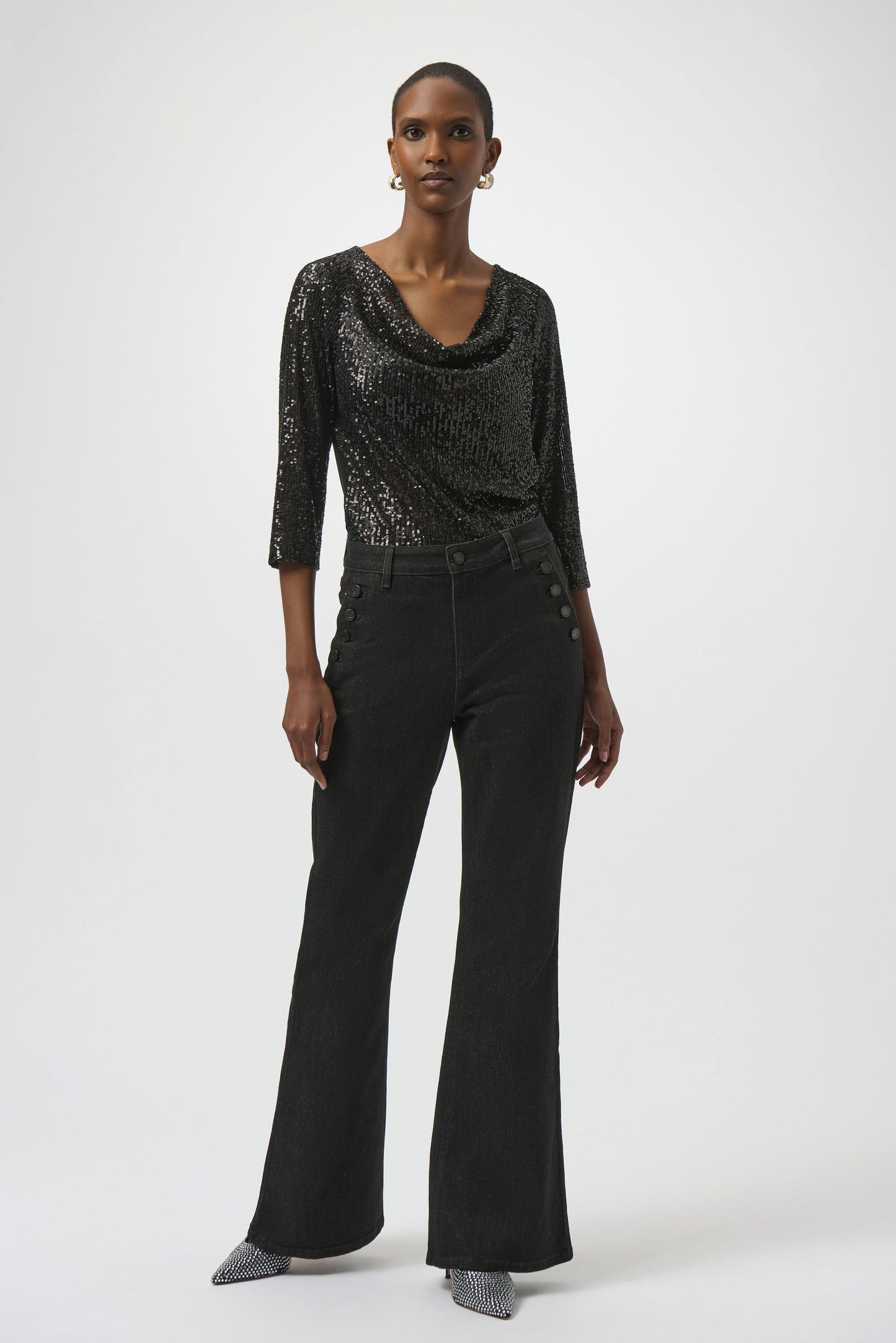 Sequined Knit and Silky Knit Straight Top