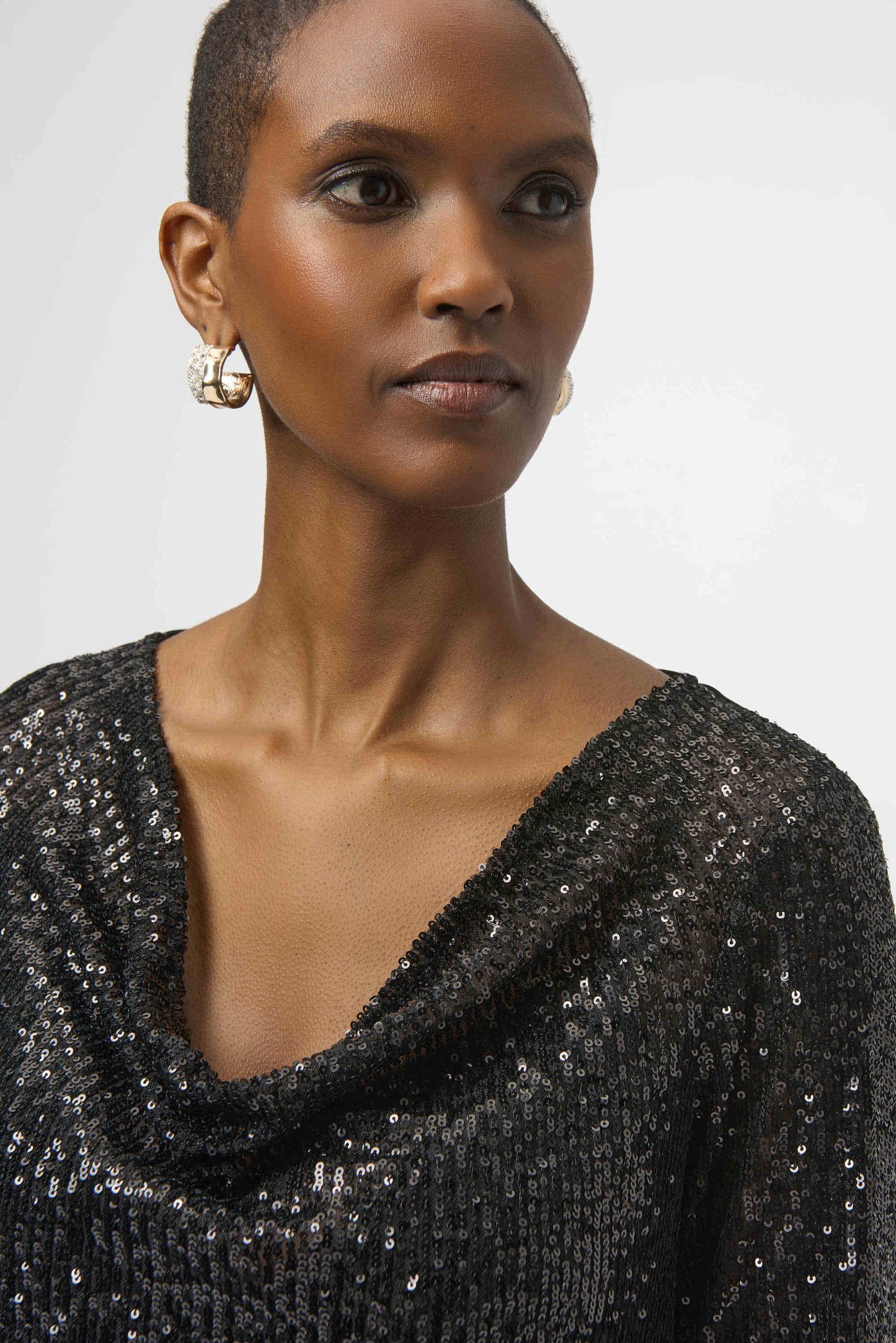 Sequined Knit and Silky Knit Straight Top
