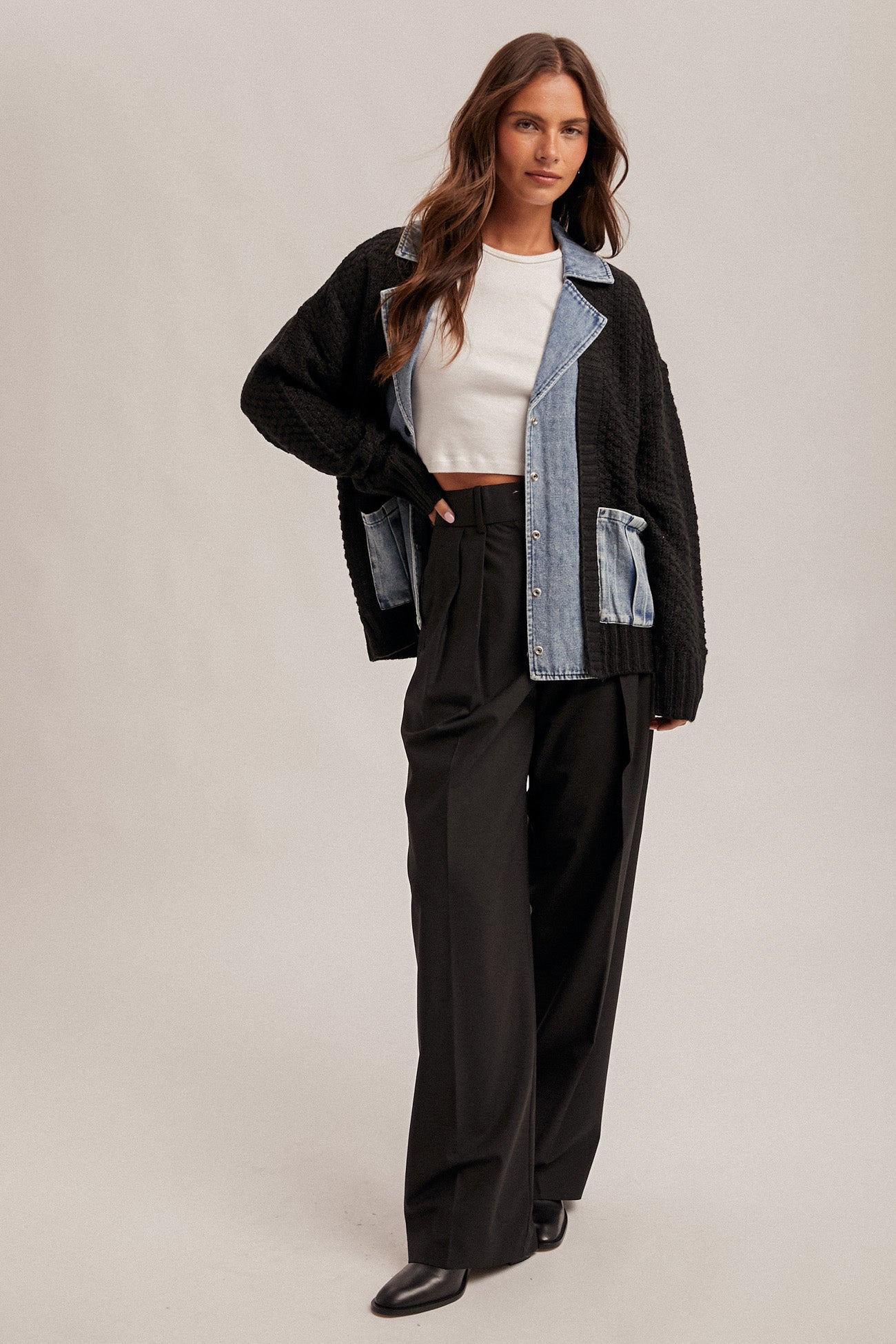 Denim Contrast Sweater Cardigan