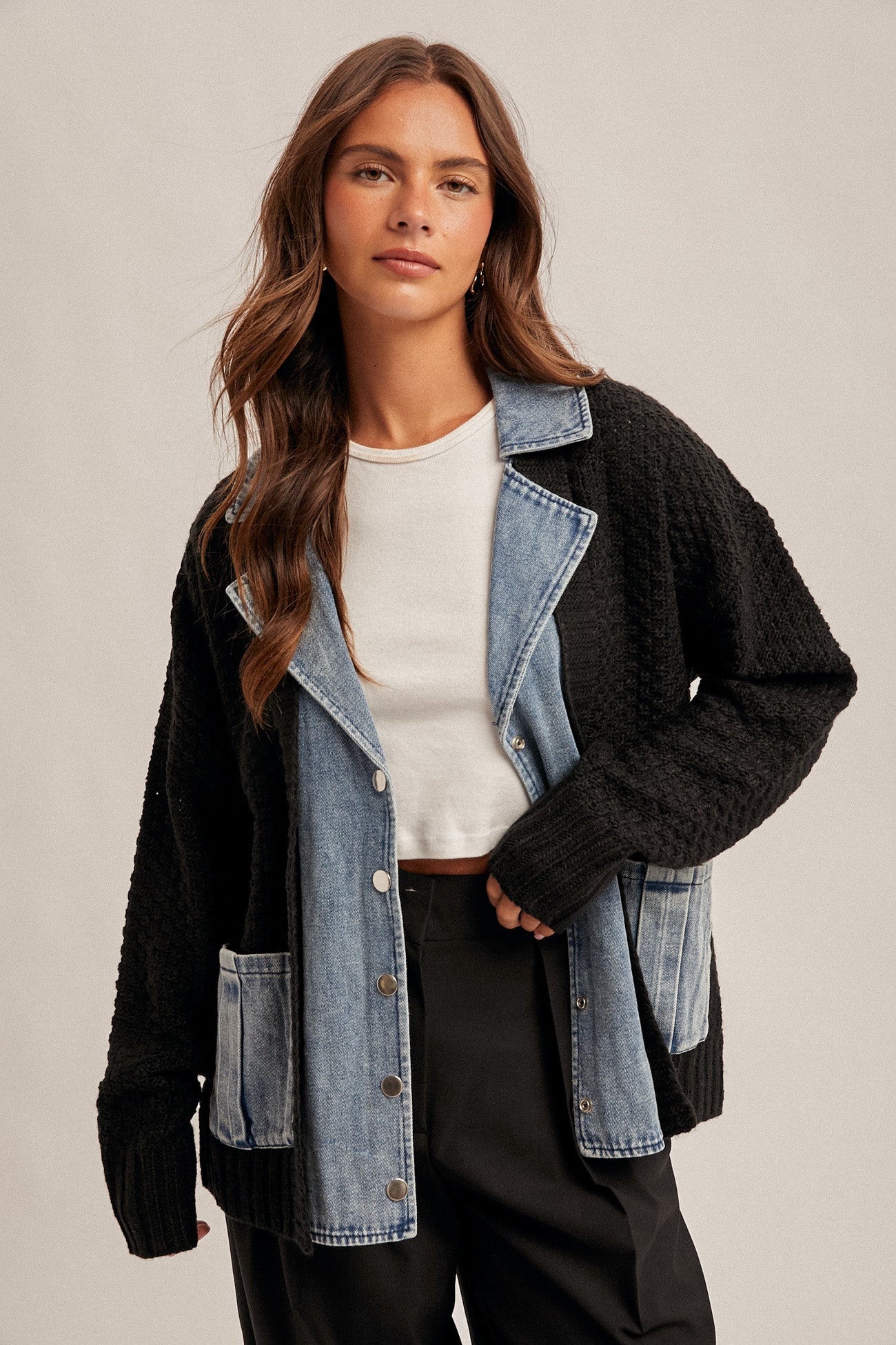 Denim Contrast Sweater Cardigan