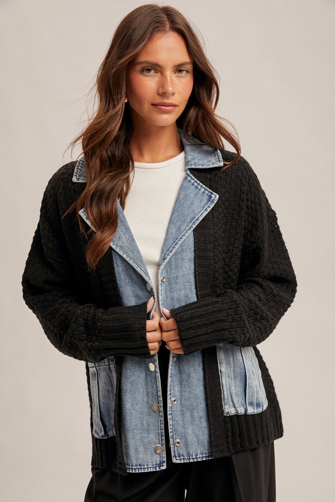 Denim Contrast Sweater Cardigan