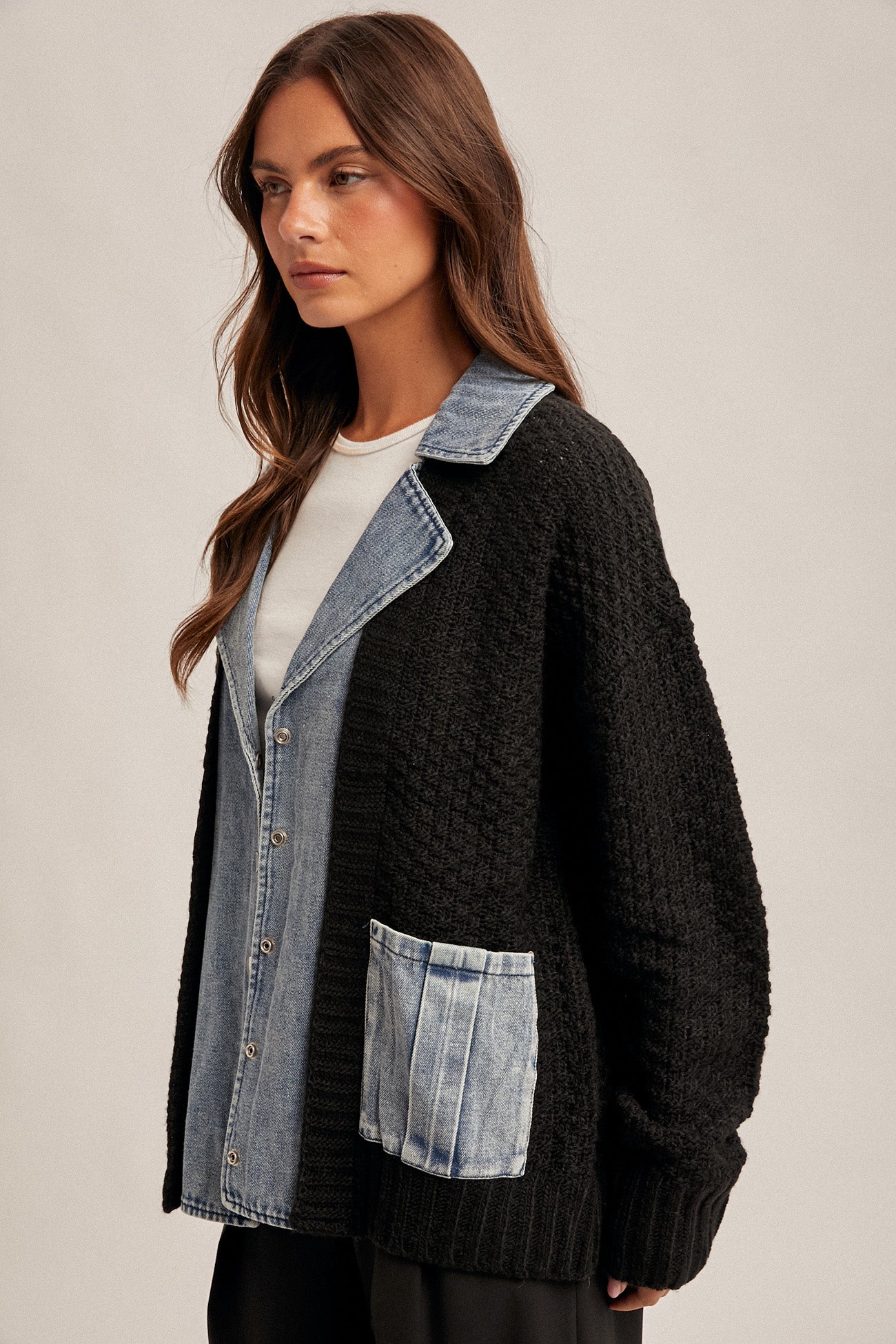 Denim Contrast Sweater Cardigan