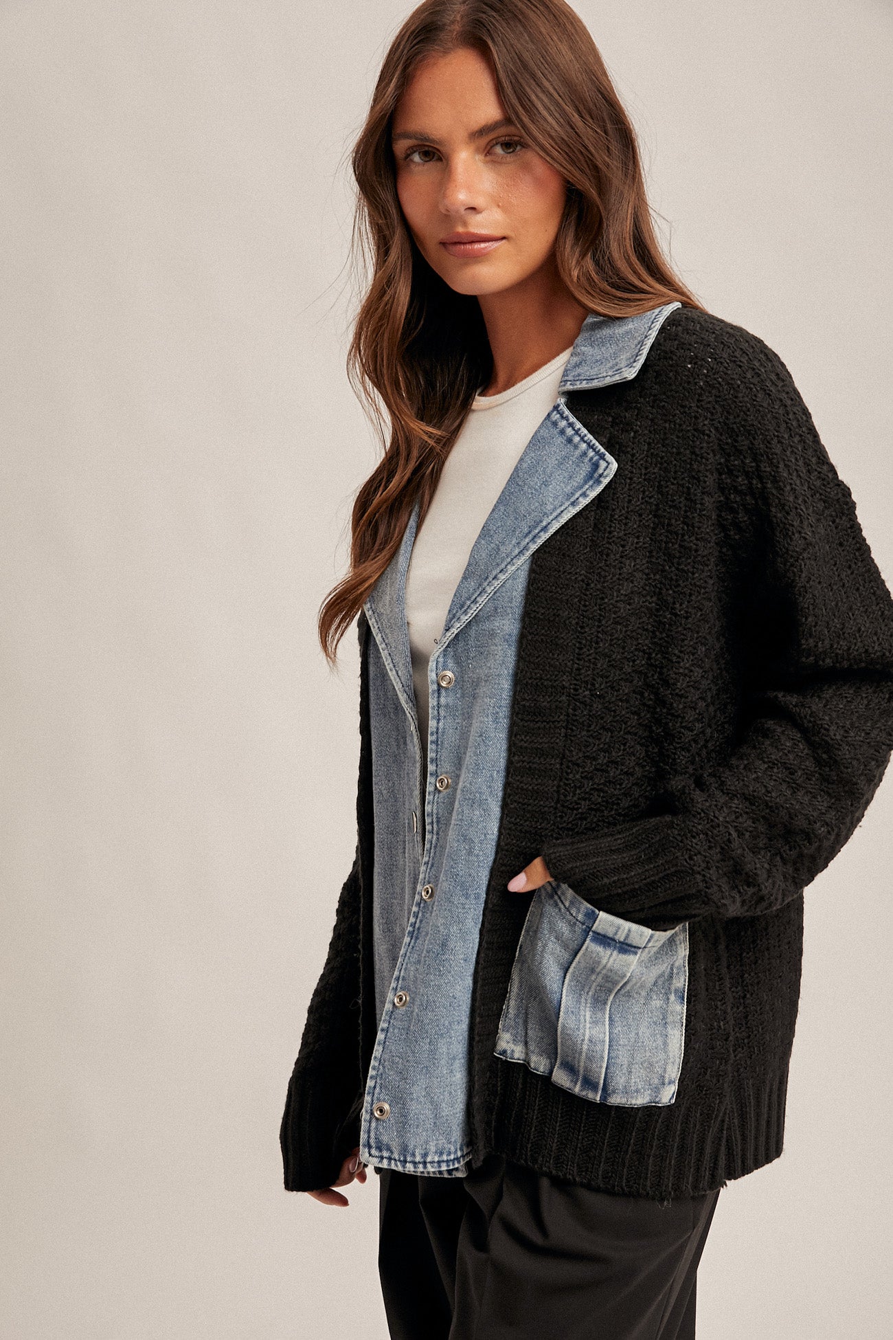Denim Contrast Sweater Cardigan