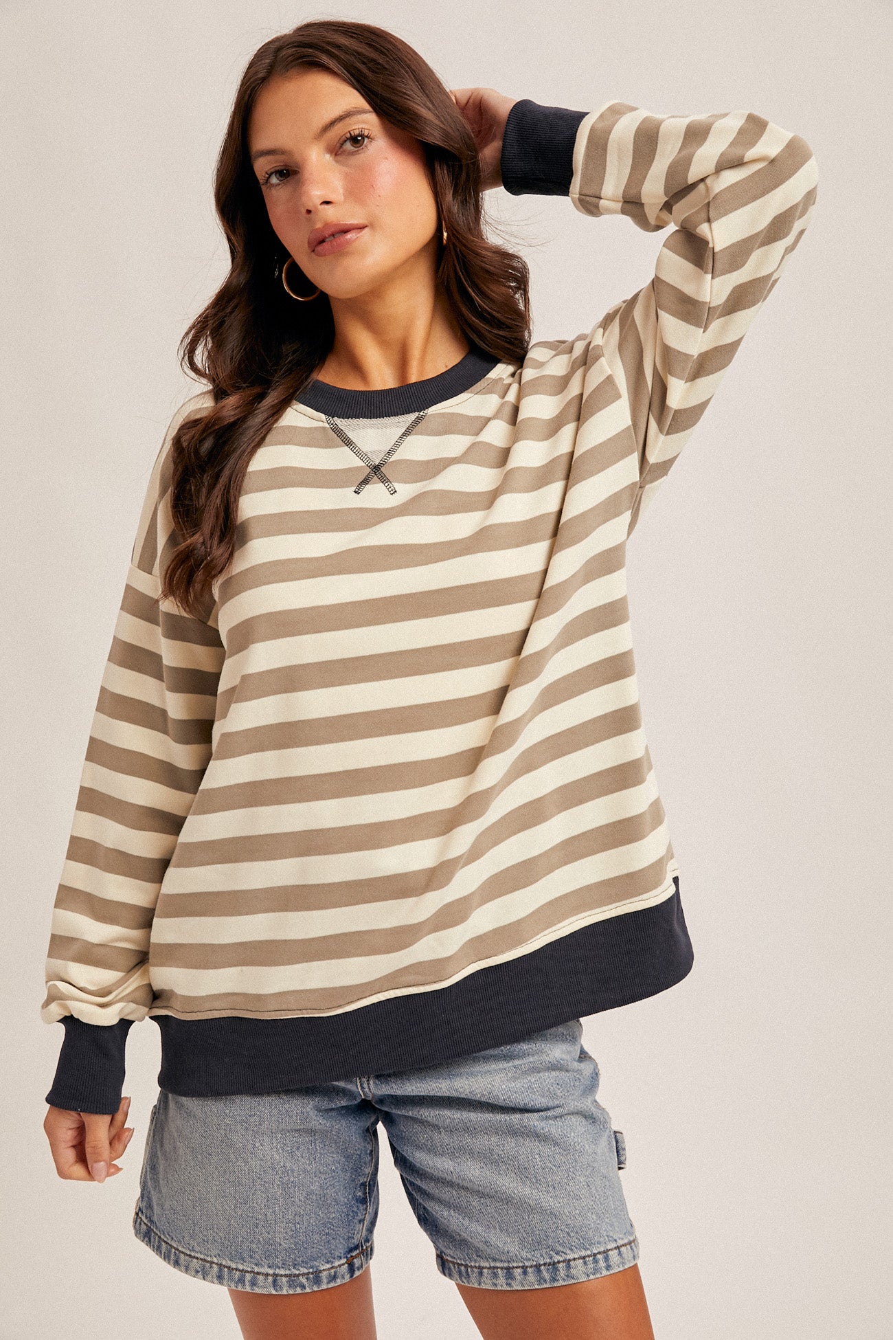 Olive & Navy Stripe Crewneck Sweatshirt
