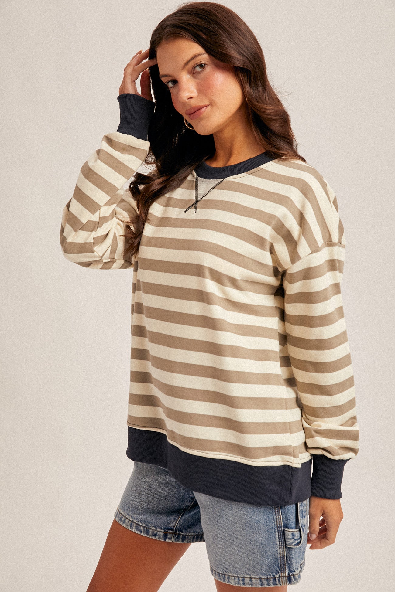 Olive & Navy Stripe Crewneck Sweatshirt