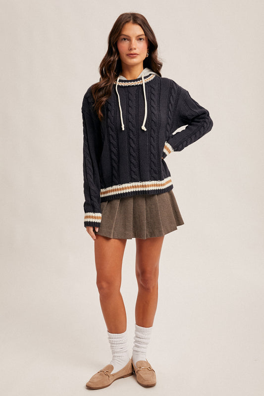 Navy Cable Knit Hoodie Sweater
