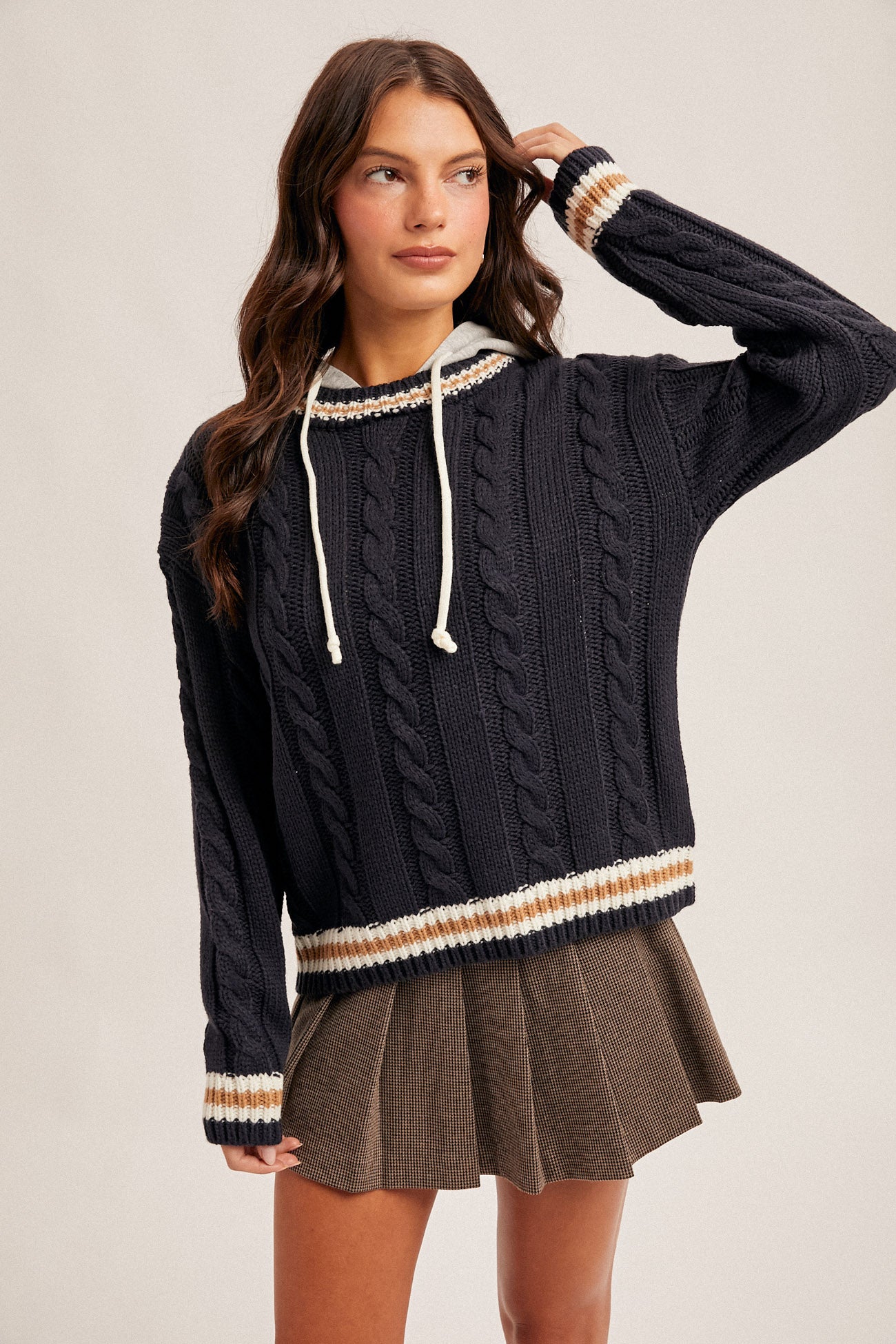 Navy Cable Knit Hoodie Sweater