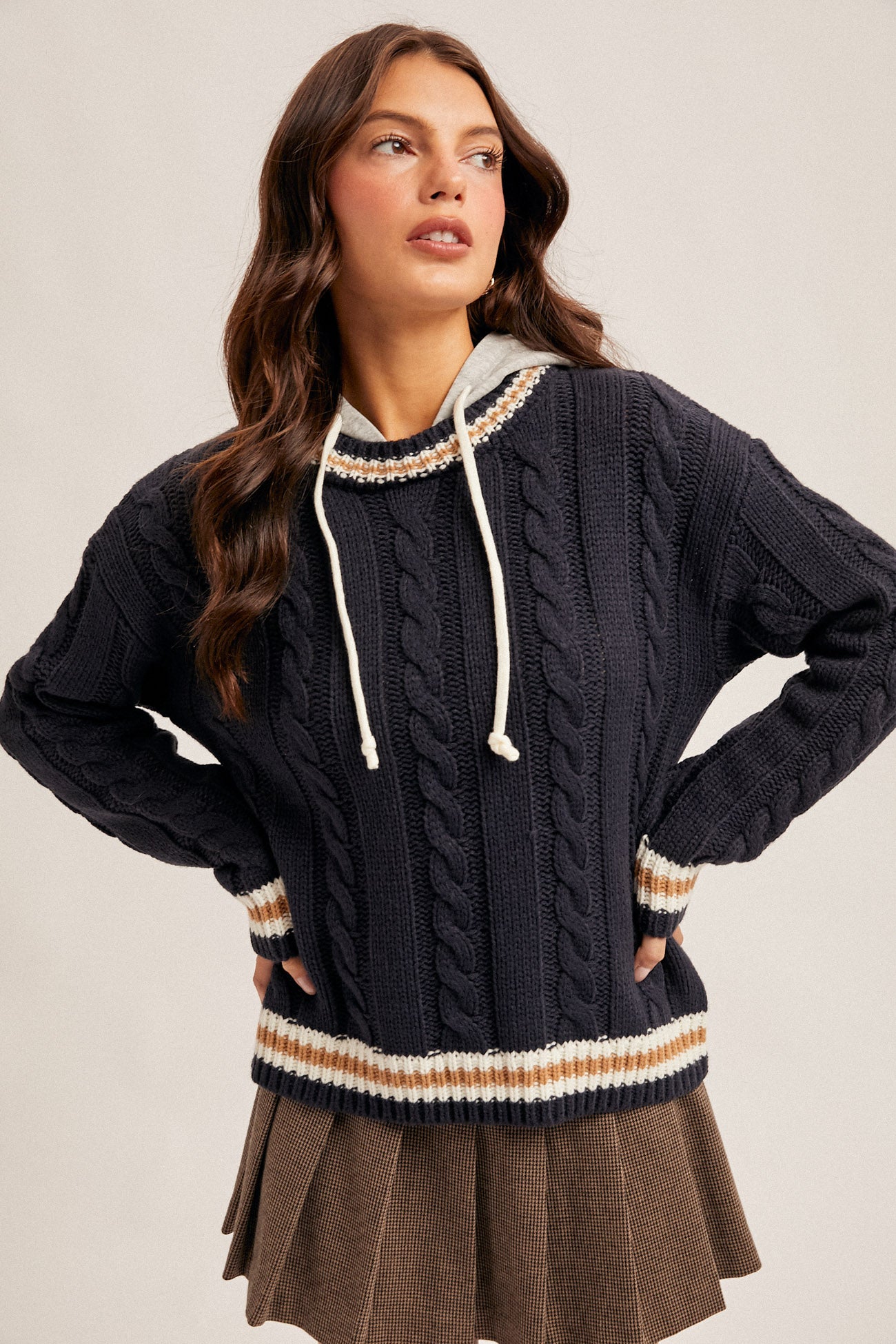 Navy Cable Knit Hoodie Sweater