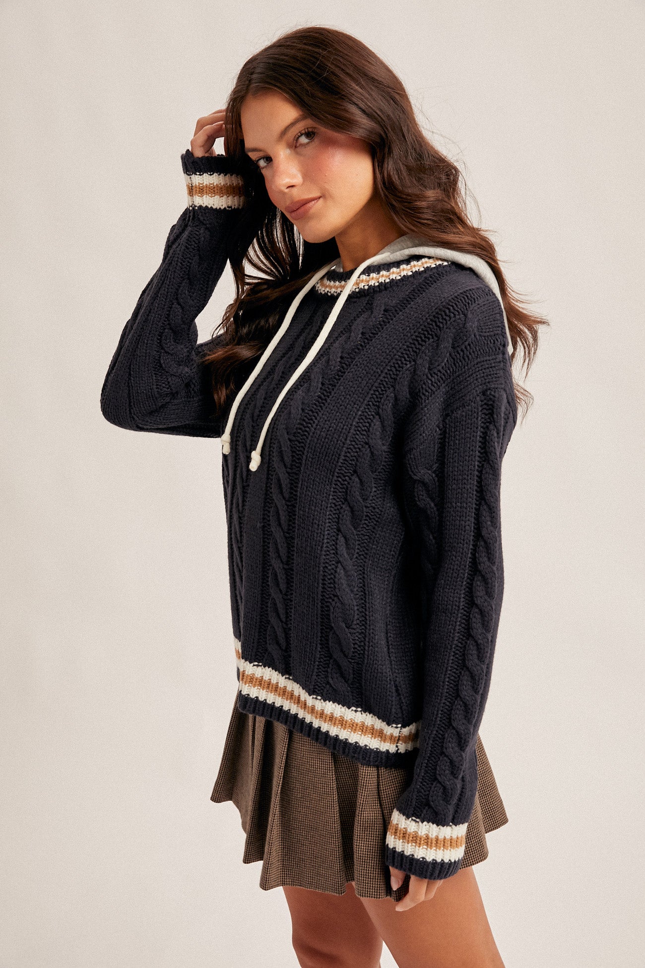 Navy Cable Knit Hoodie Sweater