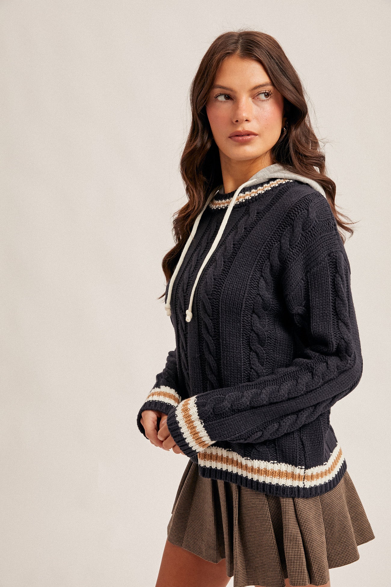 Navy Cable Knit Hoodie Sweater