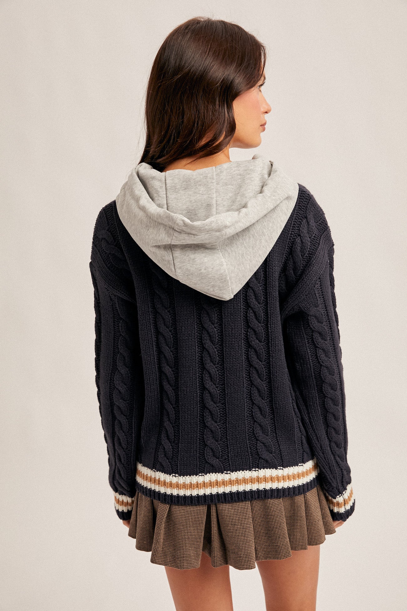 Navy Cable Knit Hoodie Sweater