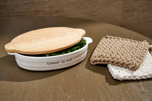 HOT STUFF CERAMIC BAKER & TRIVET SET