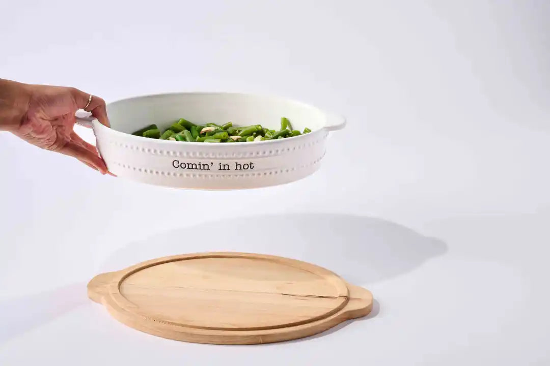HOT STUFF CERAMIC BAKER & TRIVET SET