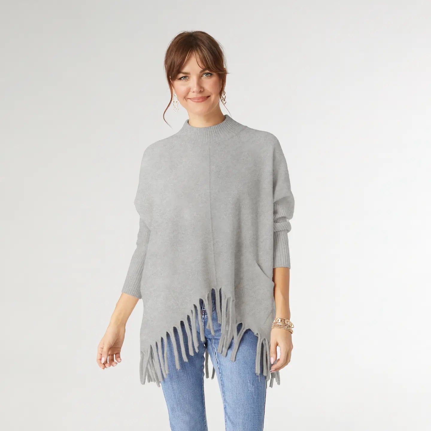 Heavenly-Luxe Flowy Mock Neck Fringe Sweater - Grey