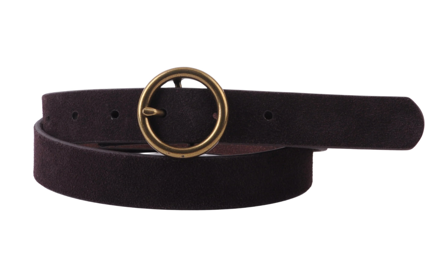 Copper-Toned Circle Buckle Minimalistic Chocolate Suede Belt