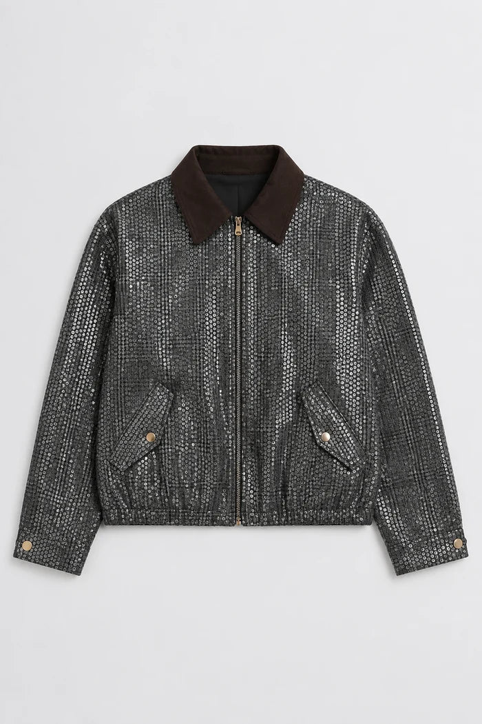 Jezel Sequin Plaid Zip-Up Jacket