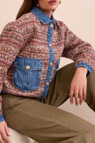 Denim-Trimmed Woven Patch Pocket Jacket