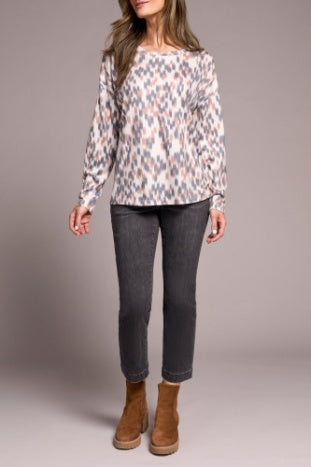 CREW NECK COMBO PRINT KNIT TOP-ALMOND LATTE