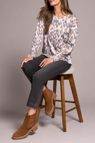 CREW NECK COMBO PRINT KNIT TOP-ALMOND LATTE