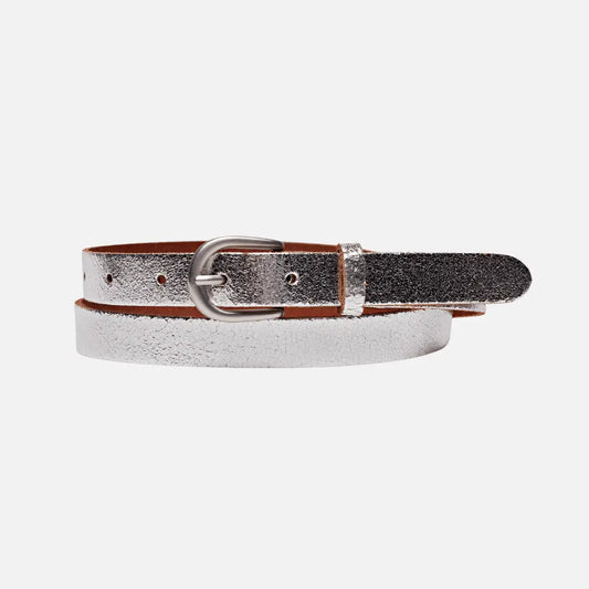 Eva | Metallic Skinny Fun Full Grain Leather Belt Women Silver