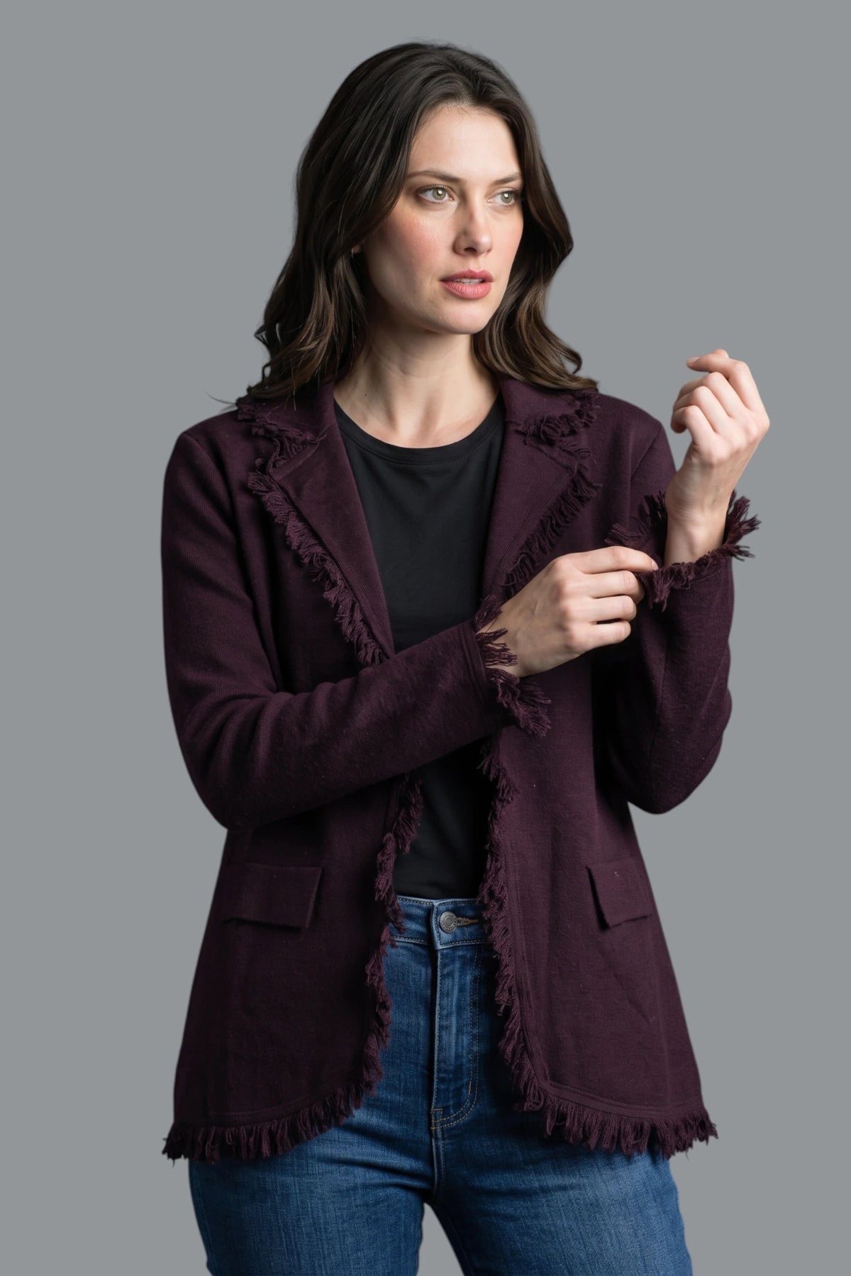 Frayed Edge Knit Blazer Plum