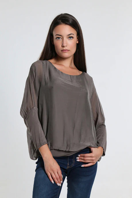 Rosa Silk Dark Taupe Banded Blouse