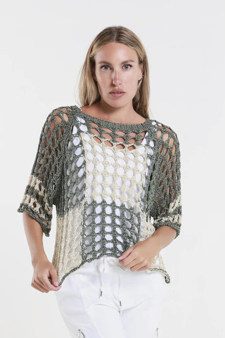 Doris Ballet Slv 2 Tone Square Knit Army/Sand