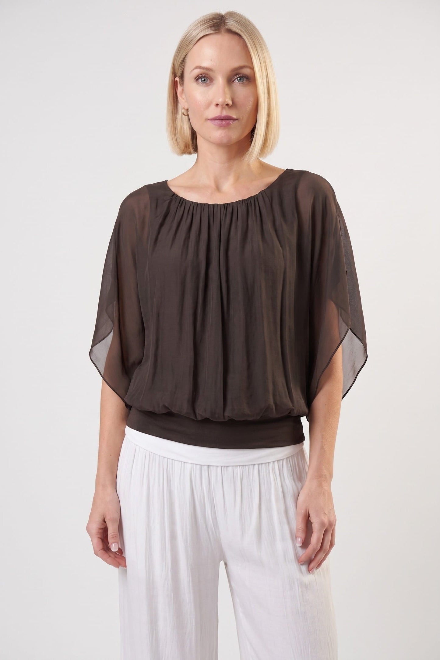 Aurora Flutter Fly Sleeve Silk Top w/ Band Bottom Espresso