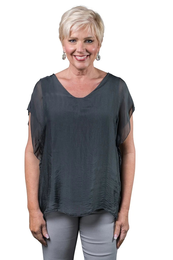 Alyssa Silk Flutter Sleeve Charcoal Top
