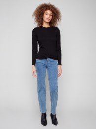 Long Sleeve Crew Neck Faux Front Knot Textured Knit Top