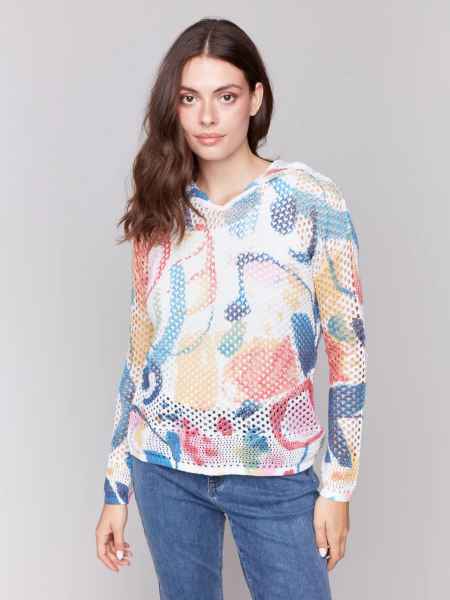 Printed Fishnet Crochet Hoodie Sweater - Abstract
