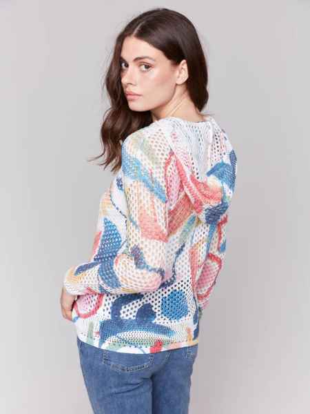 Printed Fishnet Crochet Hoodie Sweater - Abstract